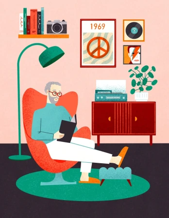Illustration of a mature man reading in a modern chair with shelves, posters, and decor in a cozy mid-century-inspired living room scene.