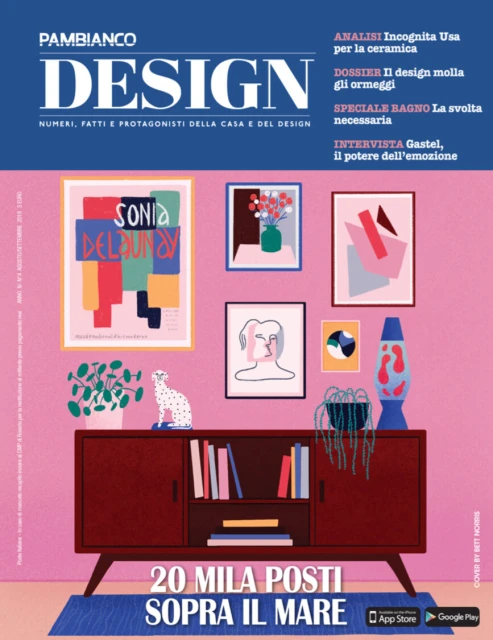 Magazine cover featuring a retro-style room scene with a cabinet, decor, and colorful artwork, embodying a blend of design elements.