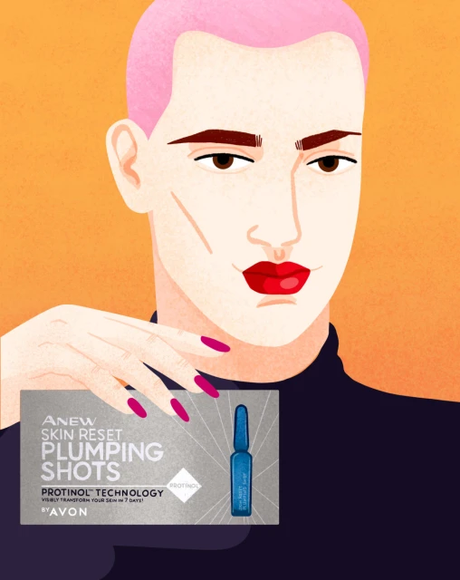 Illustration of a person with pink hair holding a beauty product box with a blue serum ampule against an orange background.