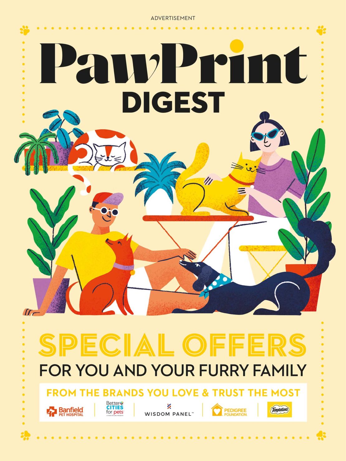 Cartoon illustration for PawPrint Digest: two adults with a cat and two dogs, promoting special offers for furry families.