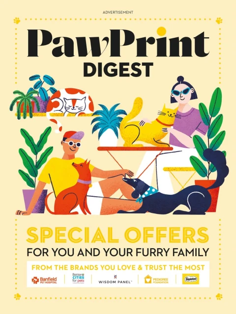 Cartoon illustration for PawPrint Digest: two adults with a cat and two dogs, promoting special offers for furry families.