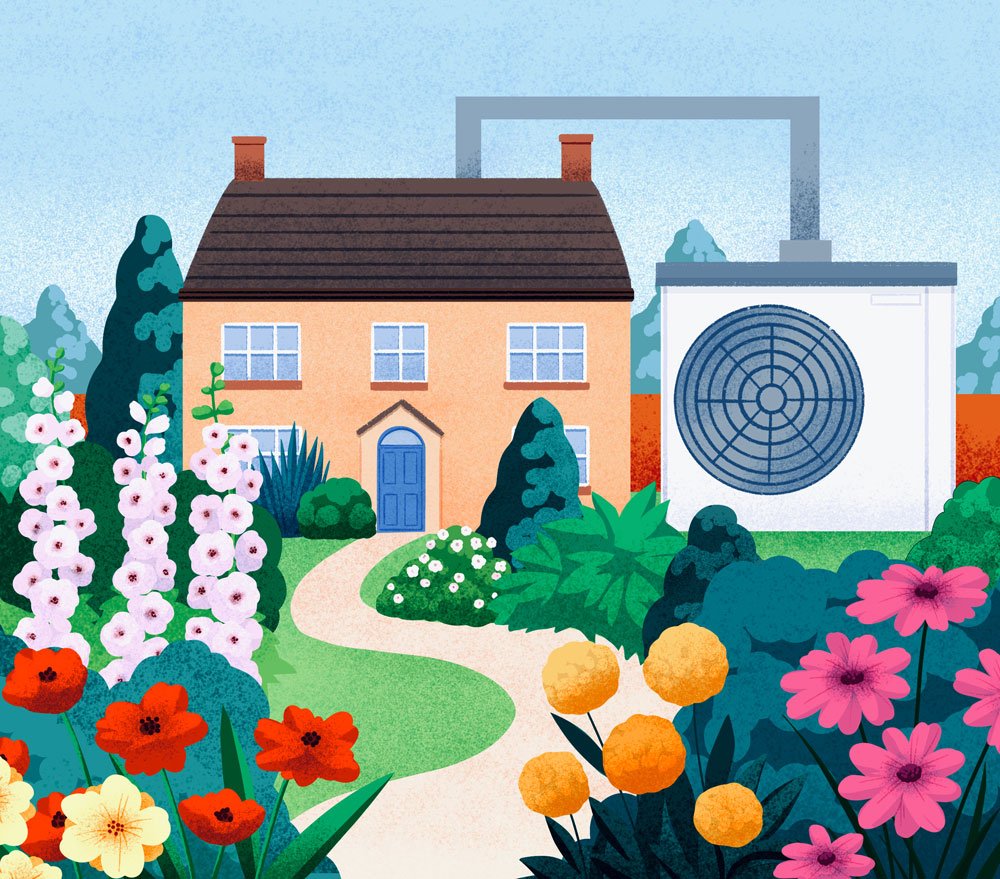 Illustration of a peach-colored house with a brown roof and blue door, featuring a garden filled with various flowers and greenery.