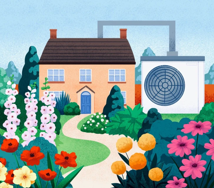 Illustration of a peach-colored house with a brown roof and blue door, featuring a garden filled with various flowers and greenery.
