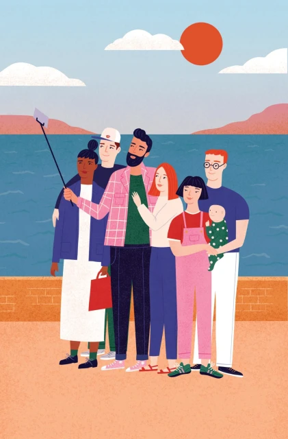 Illustration of six people posing for a group selfie near the sea with a red sun and clouds in the background. Flat, vector style.