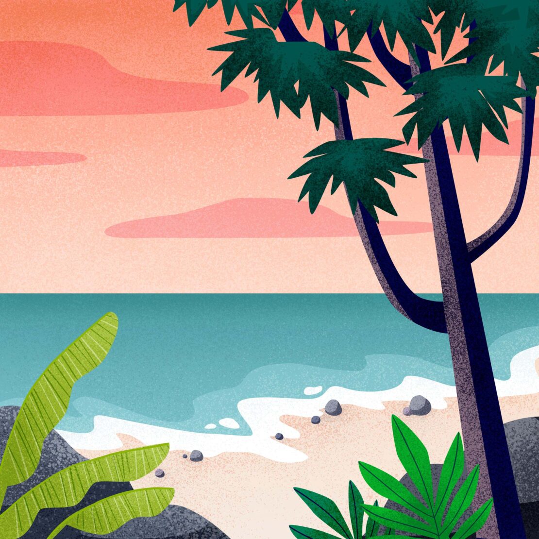 Illustration of a tropical beach scene with palm trees, sand, and ocean under a pastel sky, rendered in a textured, stylized manner.