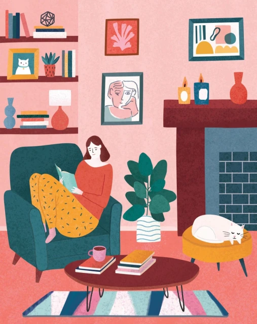 Illustration of a woman reading in an armchair in a cozy room with a fireplace, cat, houseplant, books, and decorations.