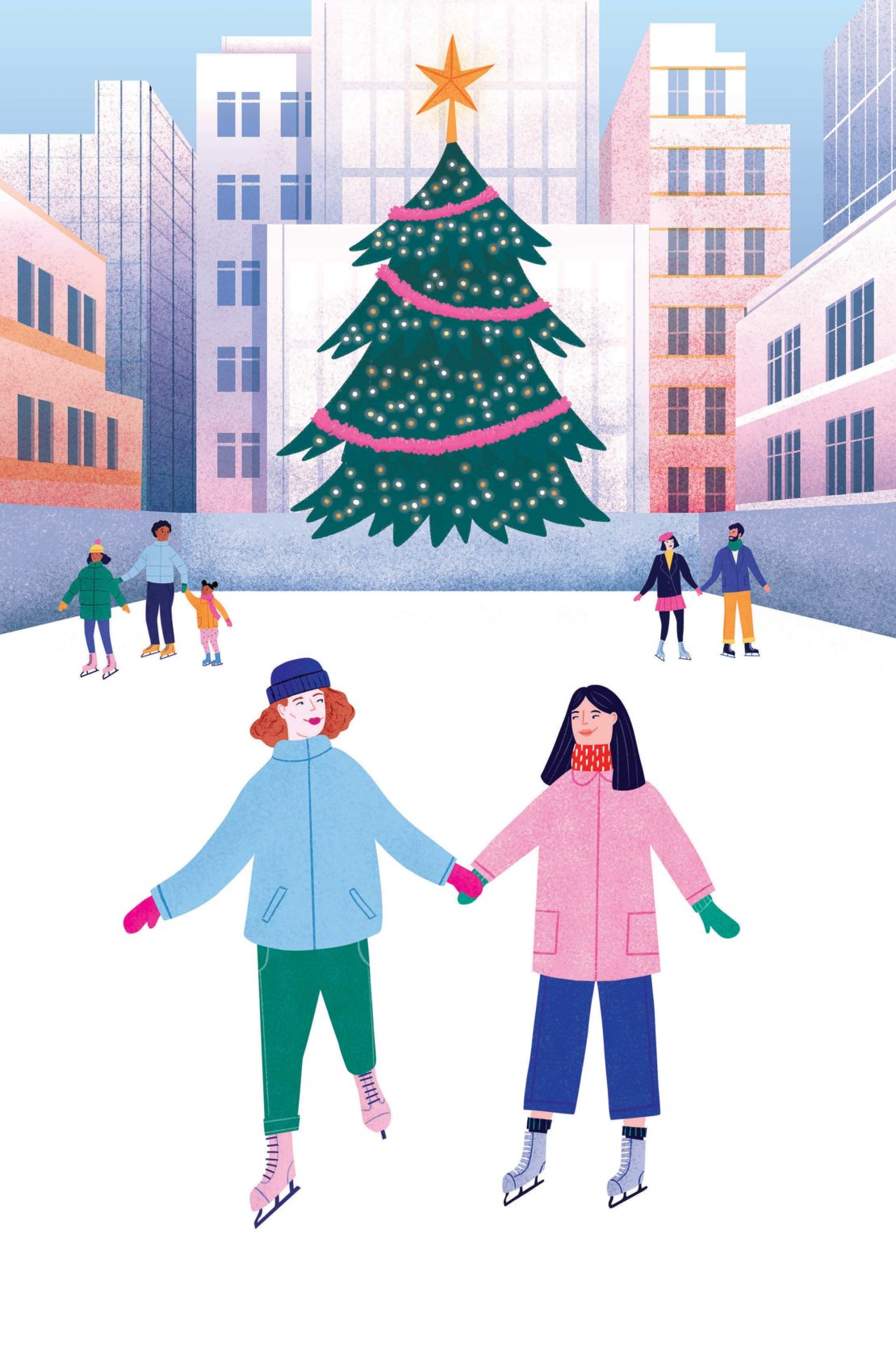 Illustrated scene of two women ice skating in a city rink near a Christmas tree; winter recreation and holiday spirit in an urban environment.