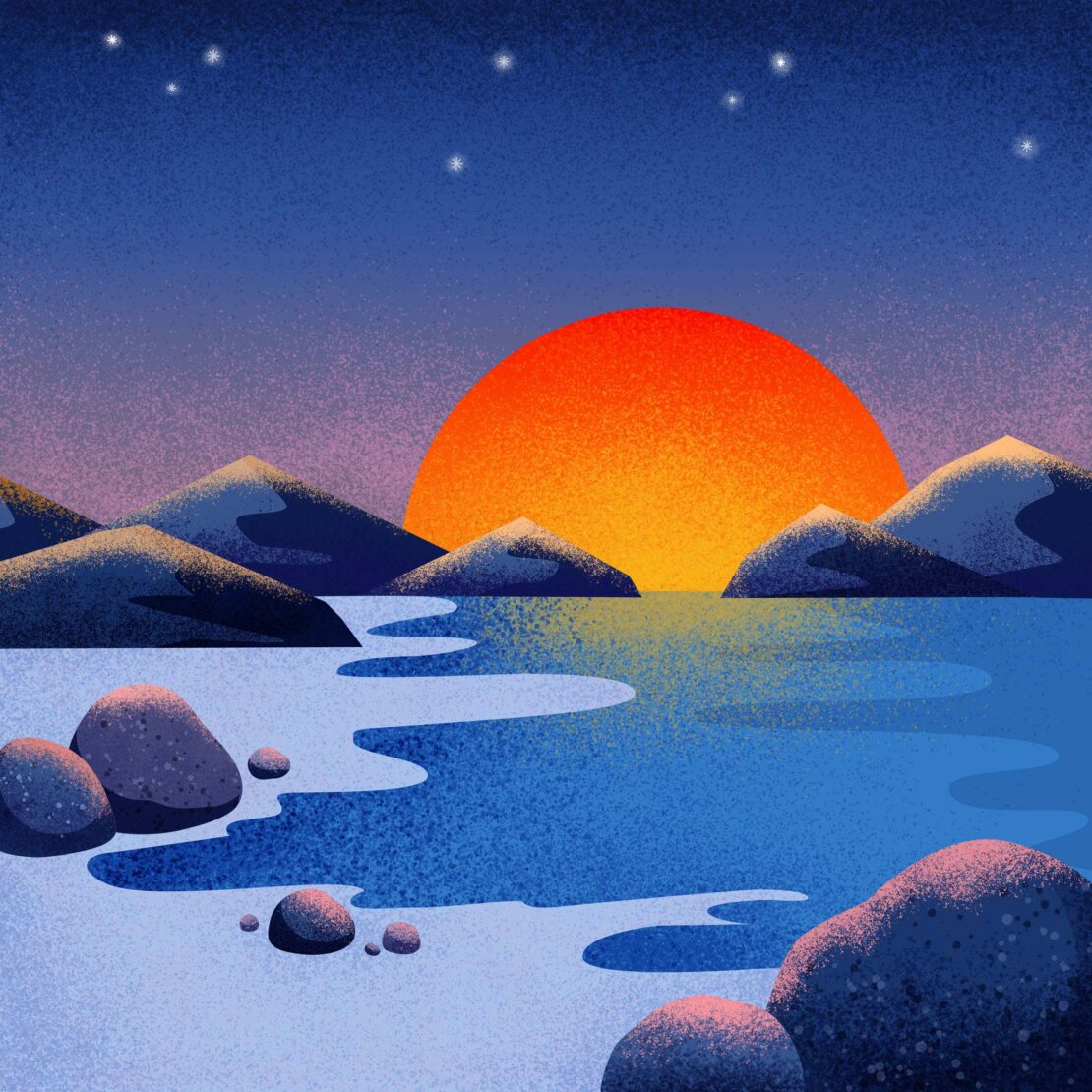 Illustration of sunset over the ocean with mountains and rocks; digital art with vibrant colors and a textured, grainy effect; dusk.