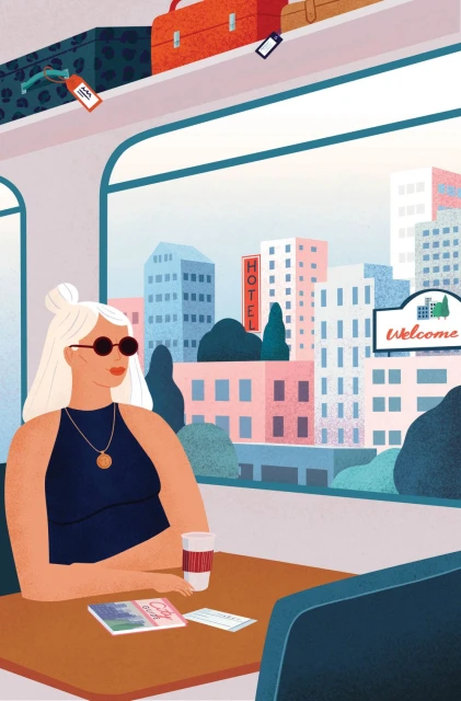 Blond woman in a train car, wearing sunglasses and looking out of the window at city buildings. Travel illustration with luggage.