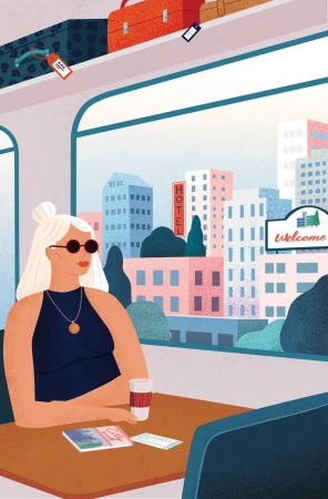 Blond woman in a train car, wearing sunglasses and looking out of the window at city buildings. Travel illustration with luggage.