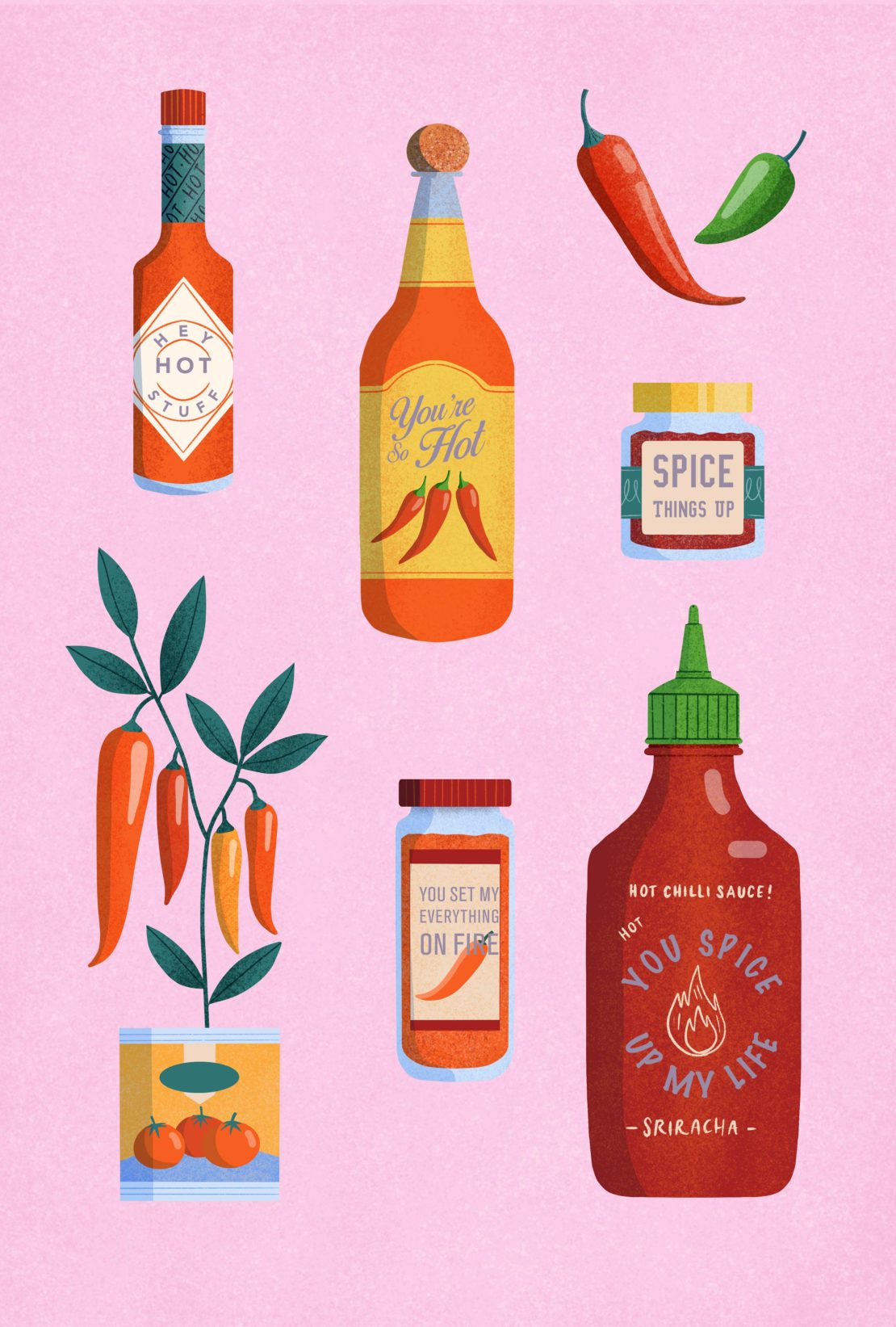 Whimsical digital art illustration featuring various bottles and jars of hot sauce and spices against a pink background. 