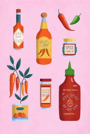 Whimsical digital art illustration featuring various bottles and jars of hot sauce and spices against a pink background. 