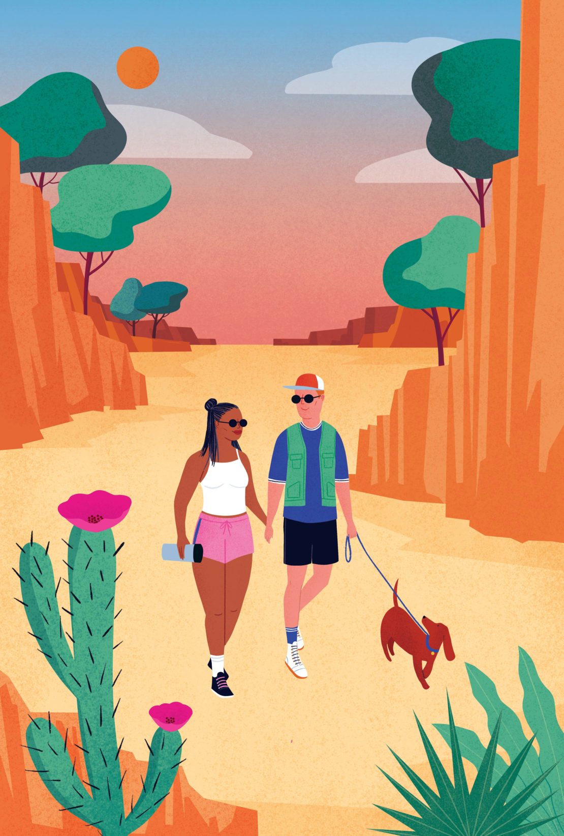 Illustration of a couple walking a dog in the desert. One adult female, one adult male, and one dog visible on a sandy path.