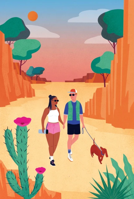 Illustration of a couple walking a dog in the desert. One adult female, one adult male, and one dog visible on a sandy path.
