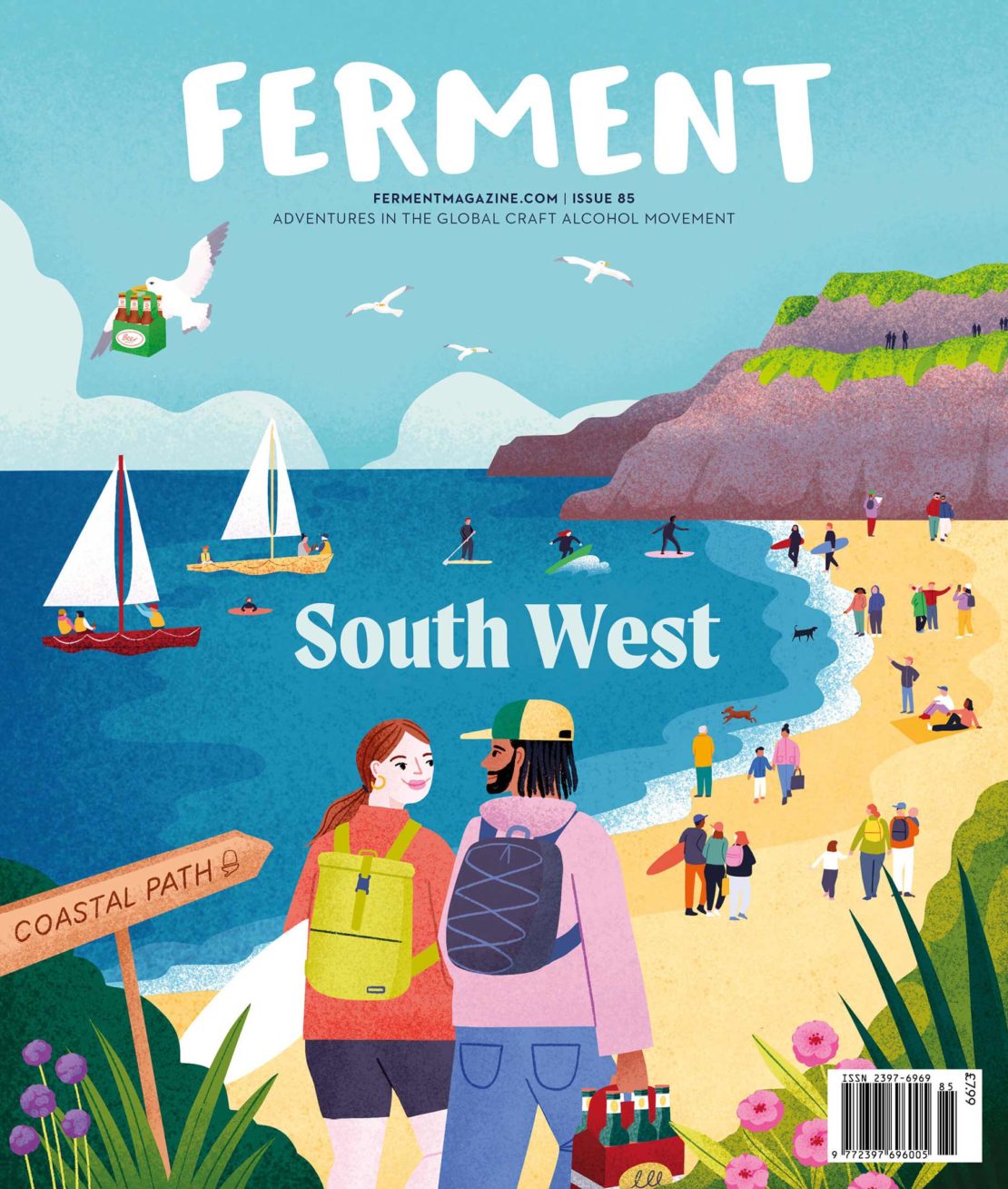 Illustration of the Ferment Magazine cover featuring a couple walking on the beach with sailboats and surfers in the background.