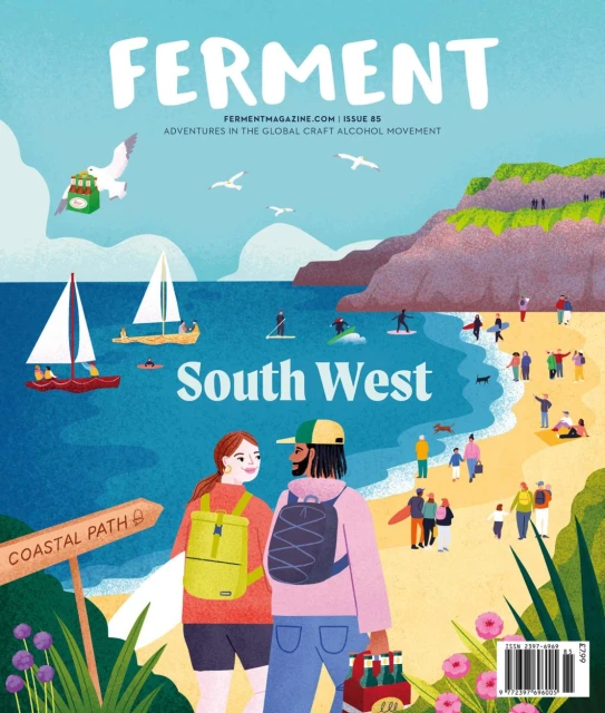 Illustration of the Ferment Magazine cover featuring a couple walking on the beach with sailboats and surfers in the background.
