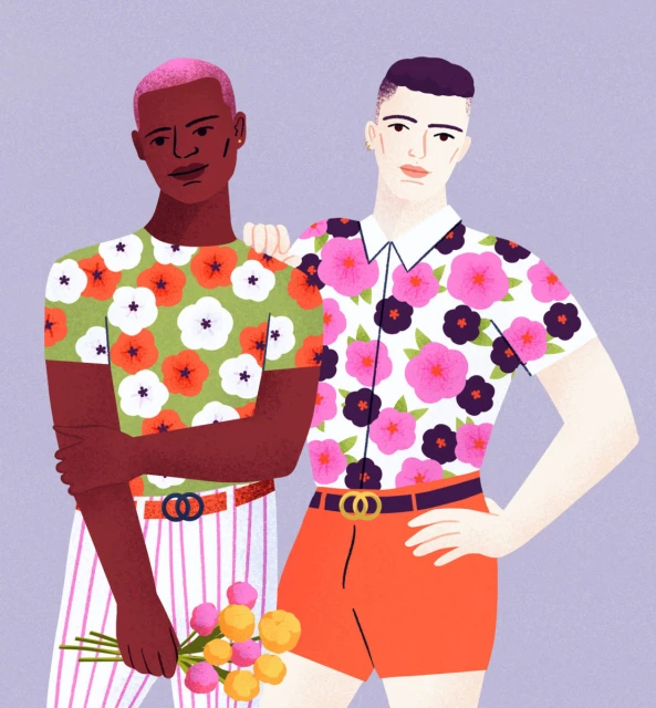 Illustration of two men, one with pink hair and a floral shirt holding flowers, standing next to a man in orange shorts.