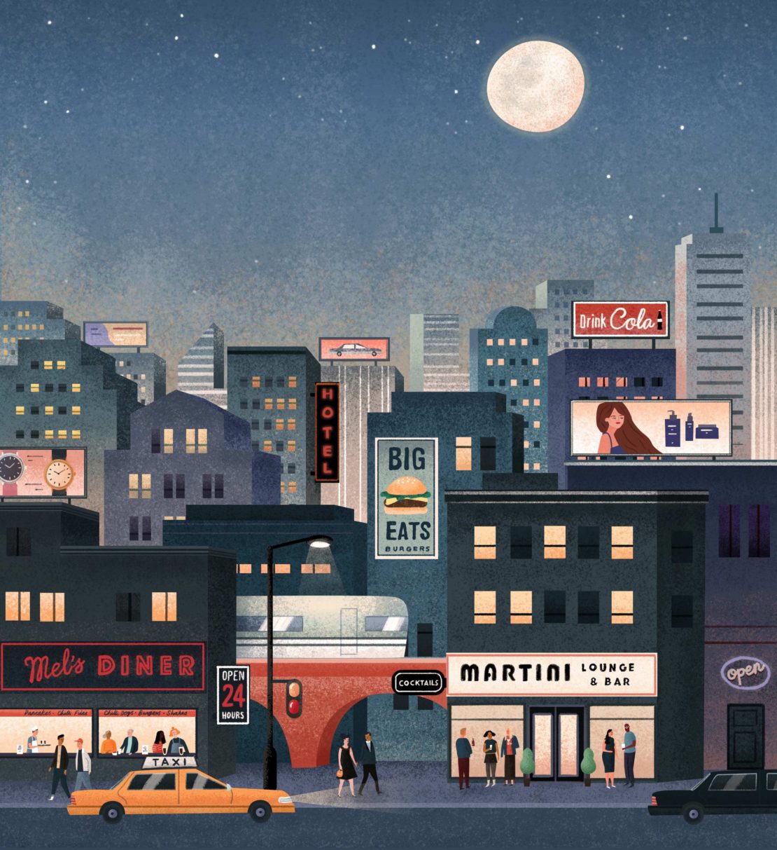 Illustration of a cityscape at night with a full moon, featuring a diner, martini bar, hotel, and people walking on the sidewalk.