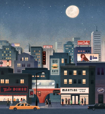 Illustration of a cityscape at night with a full moon, featuring a diner, martini bar, hotel, and people walking on the sidewalk.