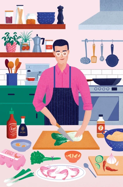 Illustration of a man cooking in a kitchen: chopping vegetables on a cutting board with other food items and kitchenware around.