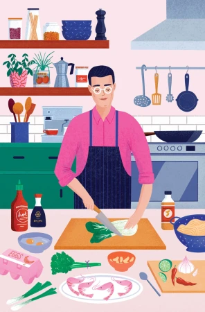 Illustration of a man cooking in a kitchen: chopping vegetables on a cutting board with other food items and kitchenware around.