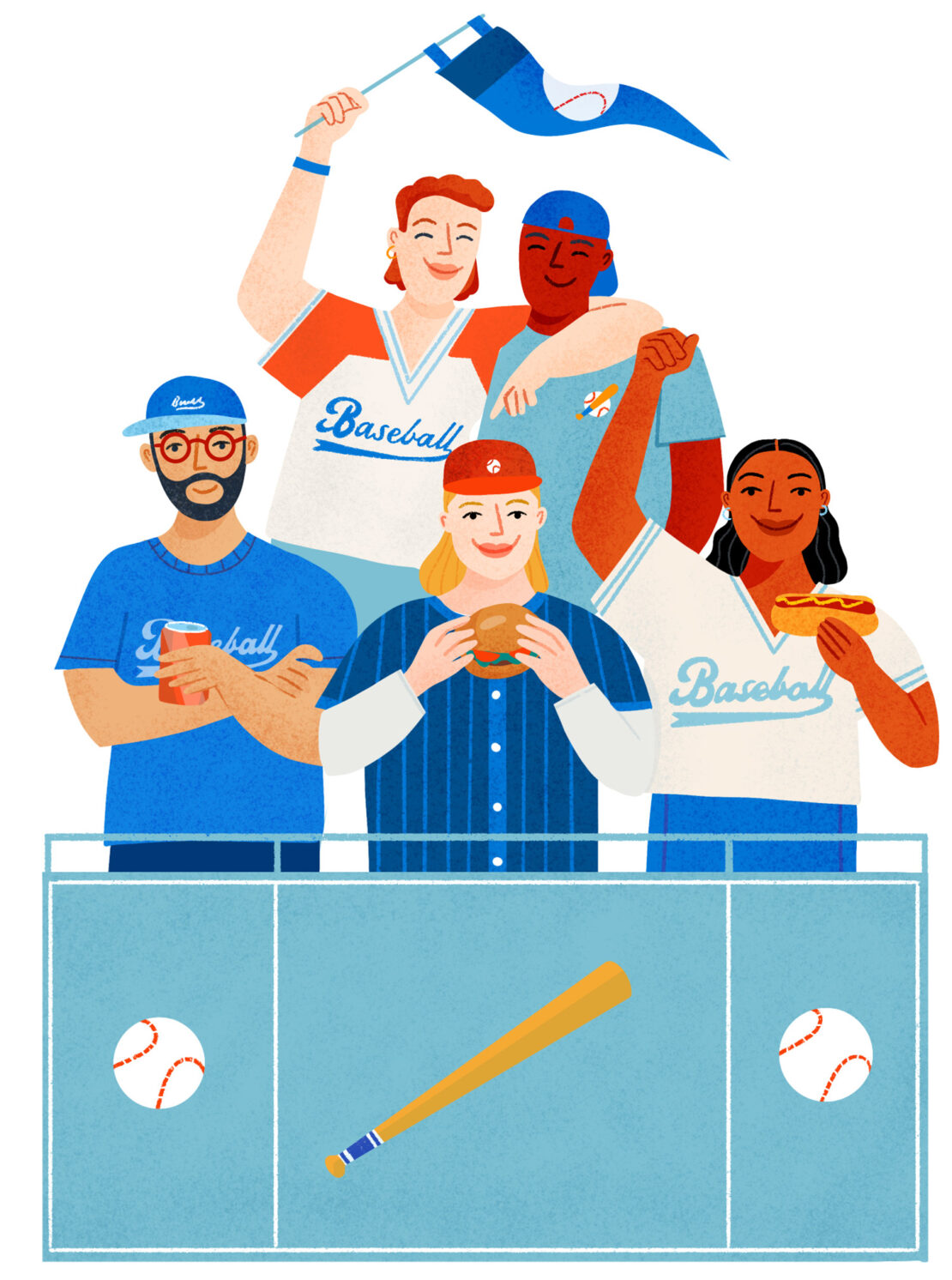 Illustration of five diverse baseball fans, holding food and a flag, stand behind a stadium barrier with a bat and balls on the wall.