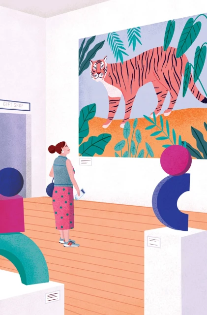 Illustration in an art museum shows a woman looking at a painting of a tiger surrounded by tropical foliage, near block-shaped art.