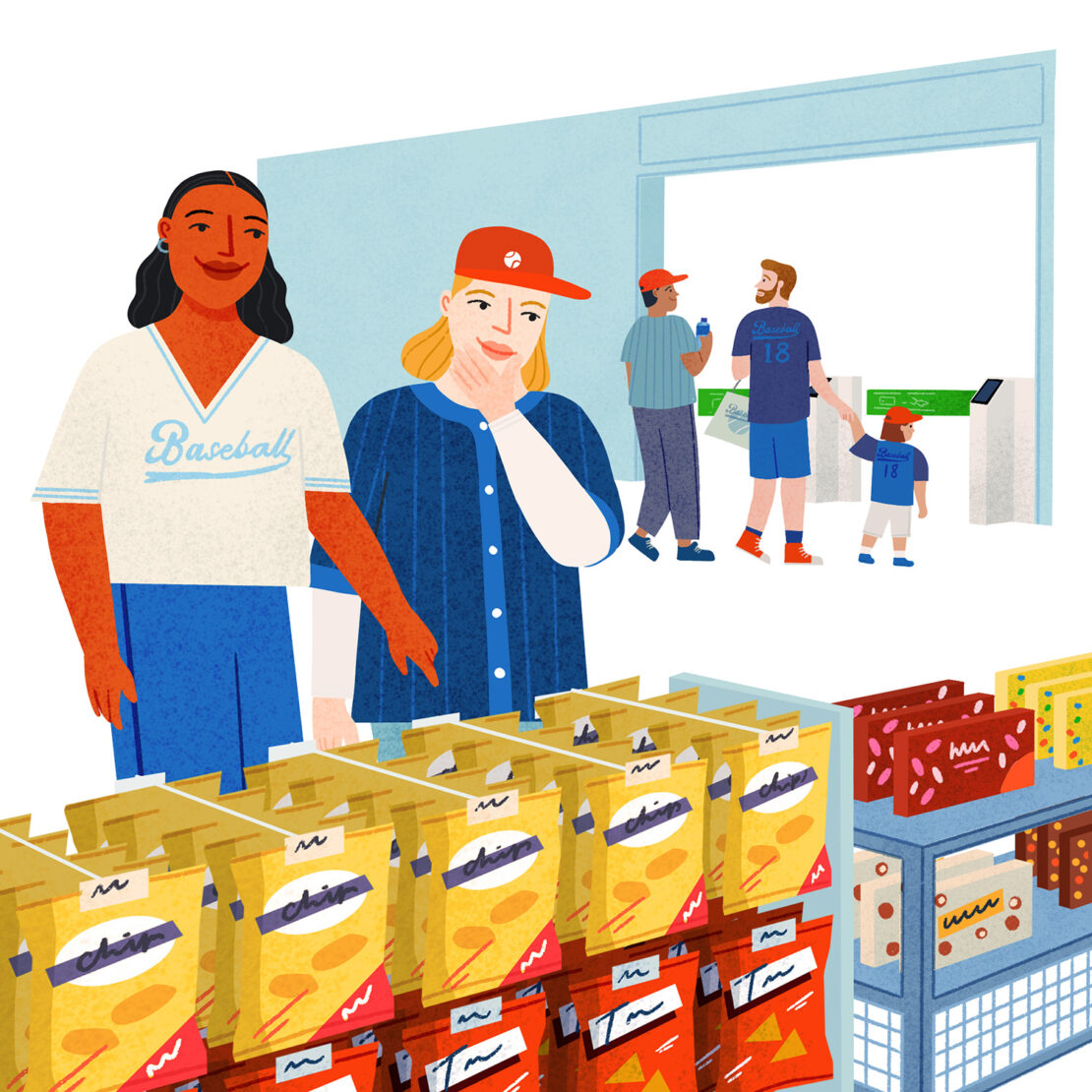 Illustration of two women at a baseball concession stand, with baseball fans and stadium entrance in the background, and chip displays.