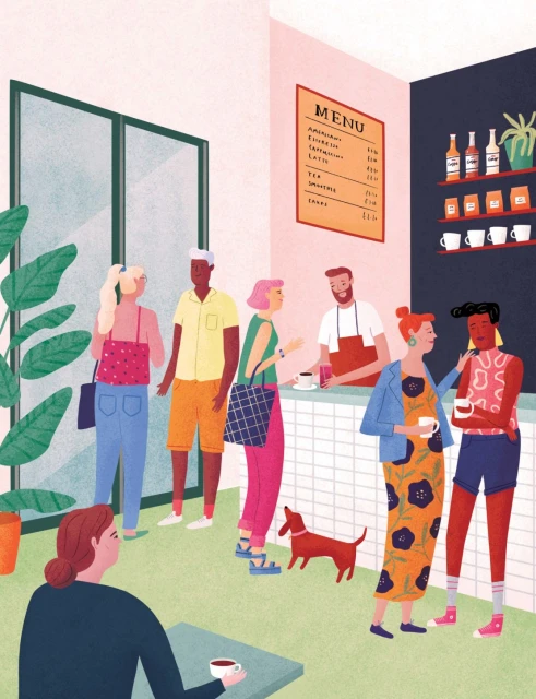 Illustration of diverse group of people in a brightly lit cafe with a server behind the counter, dog, and coffee cups.