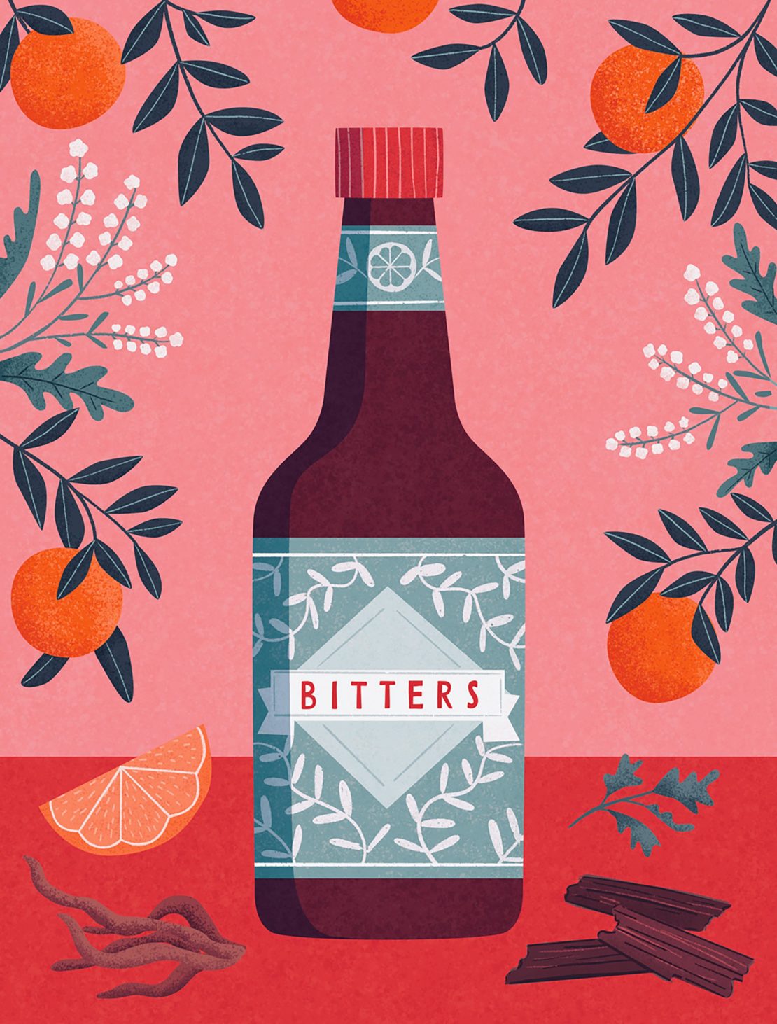 Illustration of a bitters bottle with a red cap, surrounded by oranges and plant sprigs on a pink and red background.
