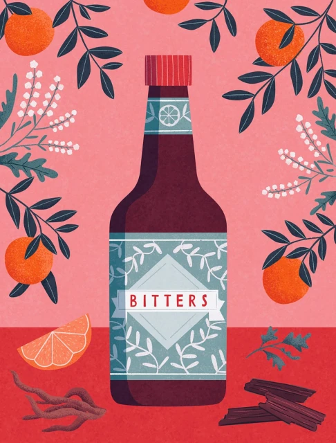 Illustration of a bitters bottle with a red cap, surrounded by oranges and plant sprigs on a pink and red background.