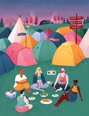 Illustration of people at outdoor festival with tents, food, drinks, and a ferris wheel under a dusk sky, rendered in digital painting style.