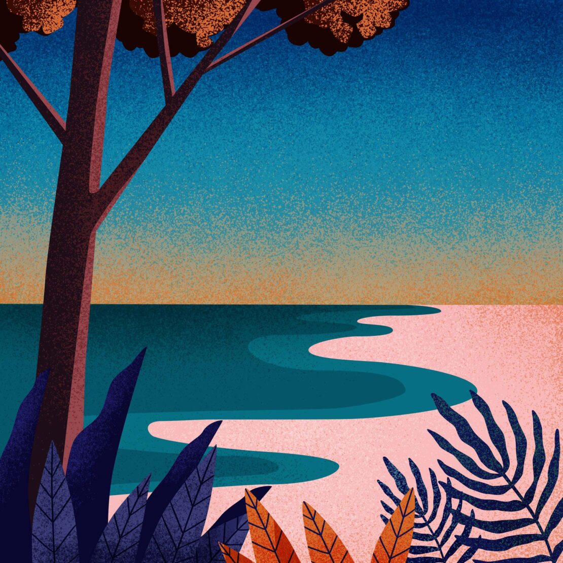 Illustration of a beach scene with stylized trees, blue water, and a serene sky, conveying a sense of nature and tranquility.