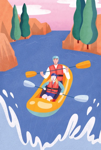 Illustration of a father and daughter river rafting in an orange raft on a blue river with green trees and orange rock formations.