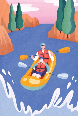 Illustration of a father and daughter river rafting in an orange raft on a blue river with green trees and orange rock formations.