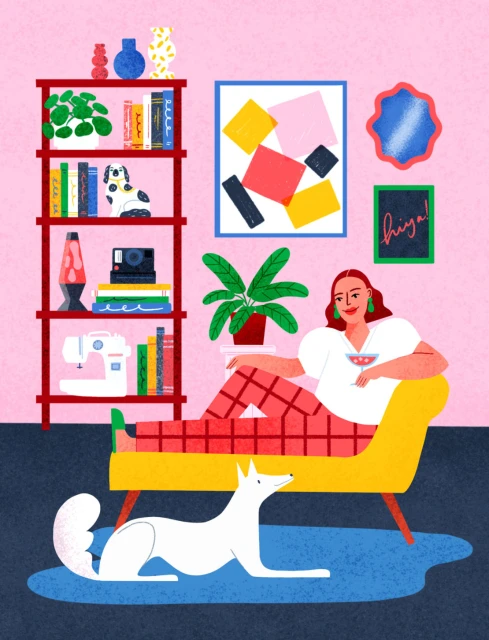 Illustration of a woman relaxing on a yellow couch with her dog, surrounded by books and art in a pink-walled room.