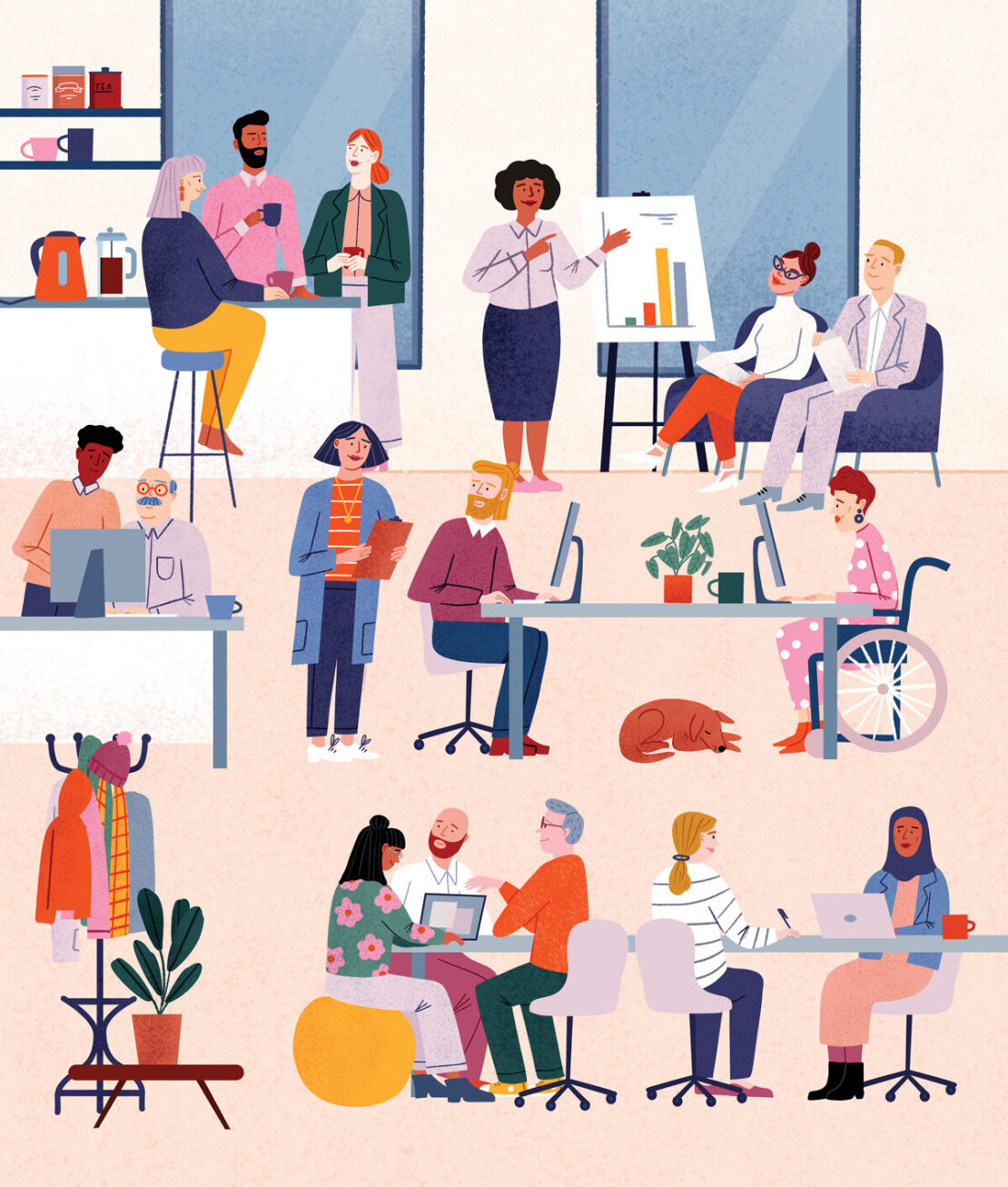 Illustration of a diverse group of people working together in a modern office with desks, computers, and collaborative spaces.