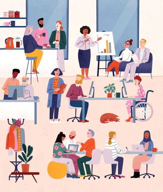 Illustration of a diverse group of people working together in a modern office with desks, computers, and collaborative spaces.