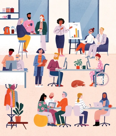 Illustration of a diverse group of people working together in a modern office with desks, computers, and collaborative spaces.
