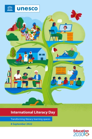 Digital artwork promoting International Literacy Day showing diverse people engaged in various learning activities within a tree shape.