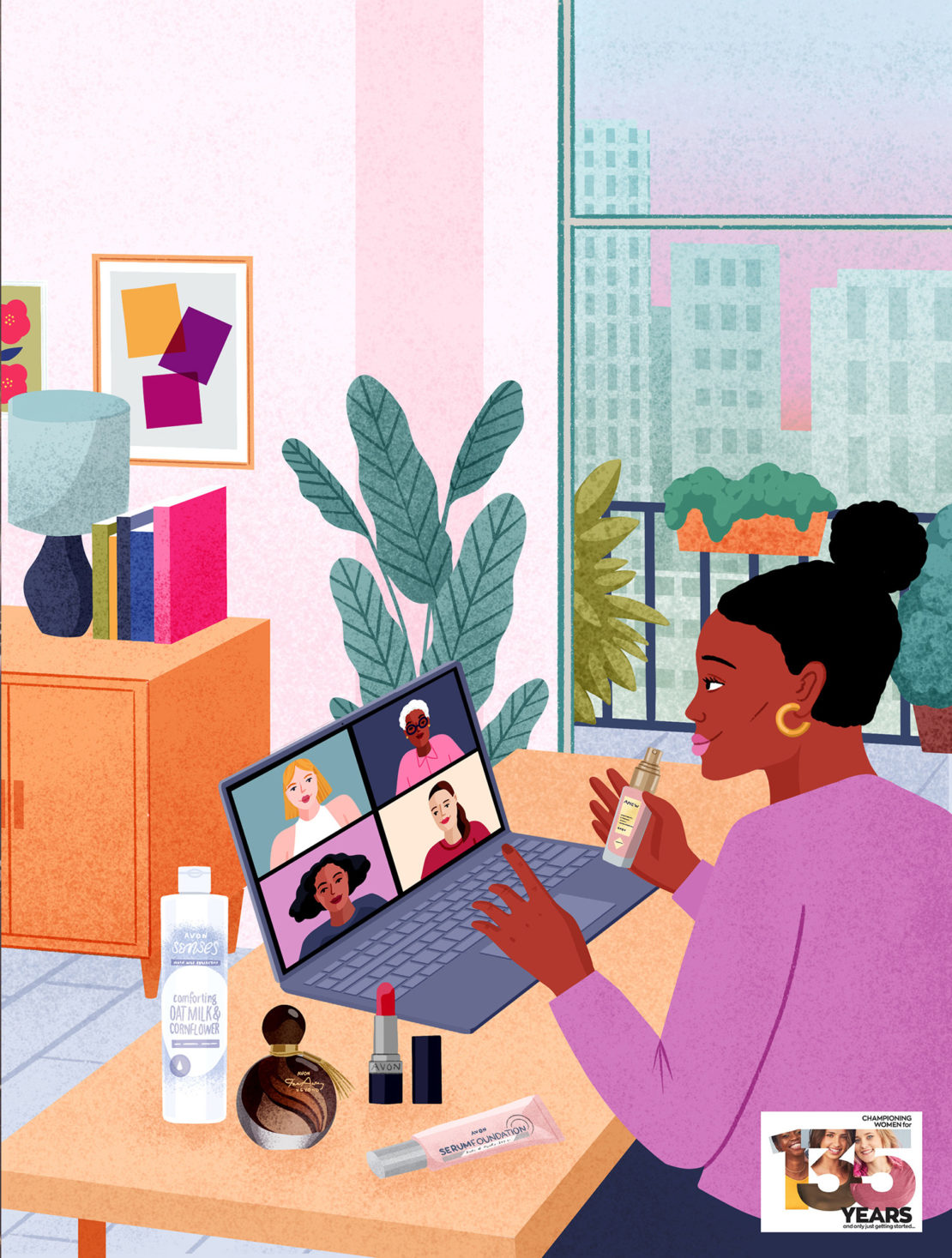 Illustration of an African-American woman on a video call, surrounded by cosmetic products and a view of a city skyline through a window.