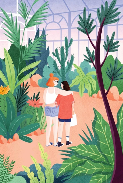 Illustration of a couple standing in a lush greenhouse filled with various plants and cacti under a light-filled glass roof, art style.