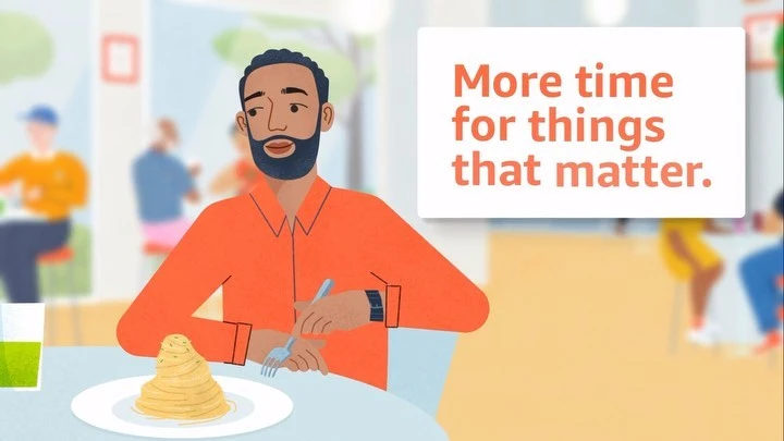 Illustration of a man with a beard sitting at a table with a large pile of spaghetti and a glass of green liquid, with text overlay.