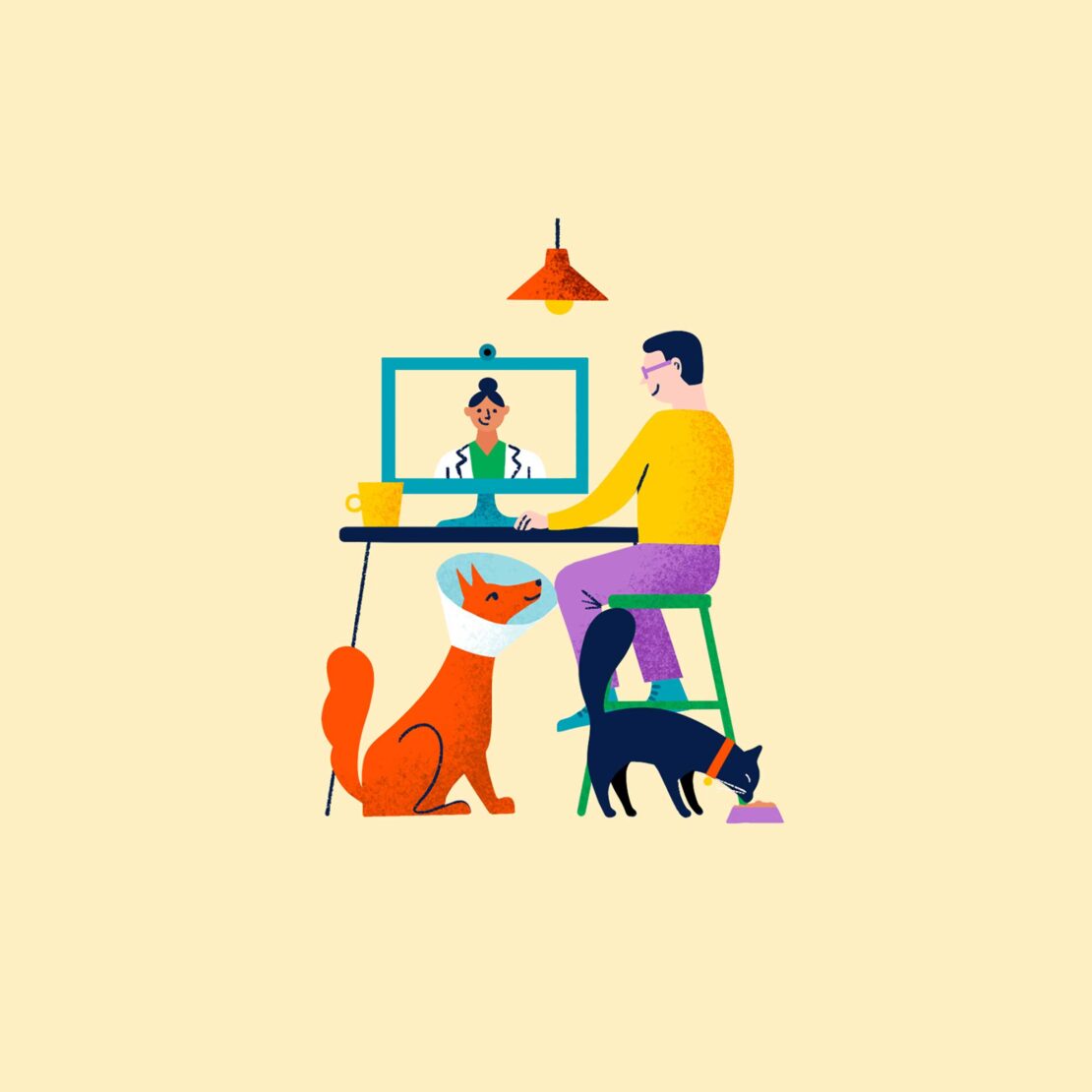 Illustration of a man sitting at a desk, talking to a doctor on a computer screen with a dog and cat nearby in a bright room.