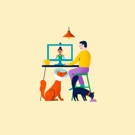 Illustration of a man sitting at a desk, talking to a doctor on a computer screen with a dog and cat nearby in a bright room.