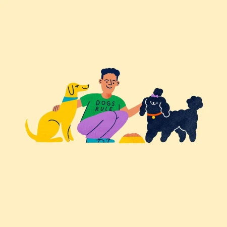 Illustration of a smiling adult squatting between a yellow Labrador and a black poodle with a bowl of dog food on a cream background.