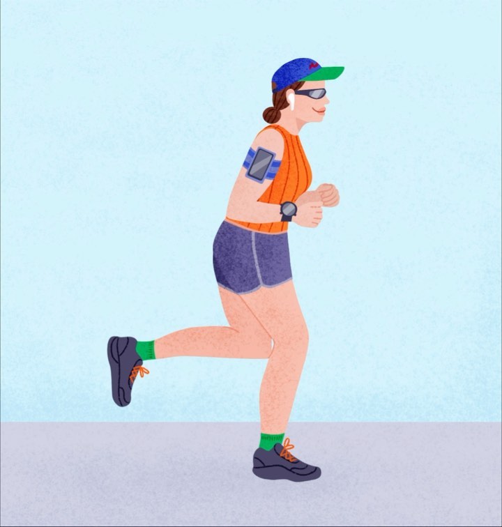 Illustration of a female runner in workout gear, including cap, sunglasses, and armband phone holder, in motion on a paved surface.