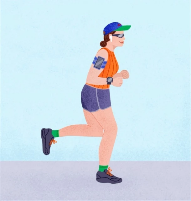 Illustration of a female runner in workout gear, including cap, sunglasses, and armband phone holder, in motion on a paved surface.