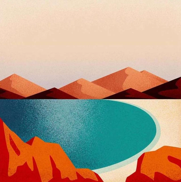 Illustration of a lake surrounded by reddish-orange rocks and mountains under a light orange sky, creating a tranquil outdoor scene.