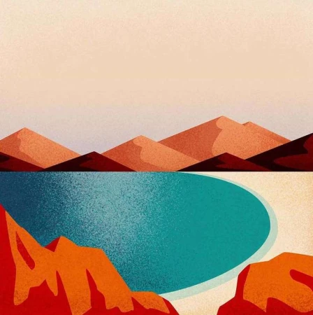 Illustration of a lake surrounded by reddish-orange rocks and mountains under a light orange sky, creating a tranquil outdoor scene.